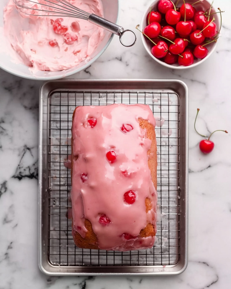 A loaf-shaped cake sits on a wire rack over a silver baking tray. The cake is covered in a smooth, glossy pink glaze with small pieces of red cherries visible inside the glaze and peeking through the sides. To the top left of the cake, there is a white bowl with some pink frosting and a metal whisk resting inside. To the top right of the cake, there is a small white bowl filled with bright red cherries, some with stems. The setting is on a white marbled surface with black speckles, creating a clean and simple background. photo taken with an iphone --ar 4:5 --v 7