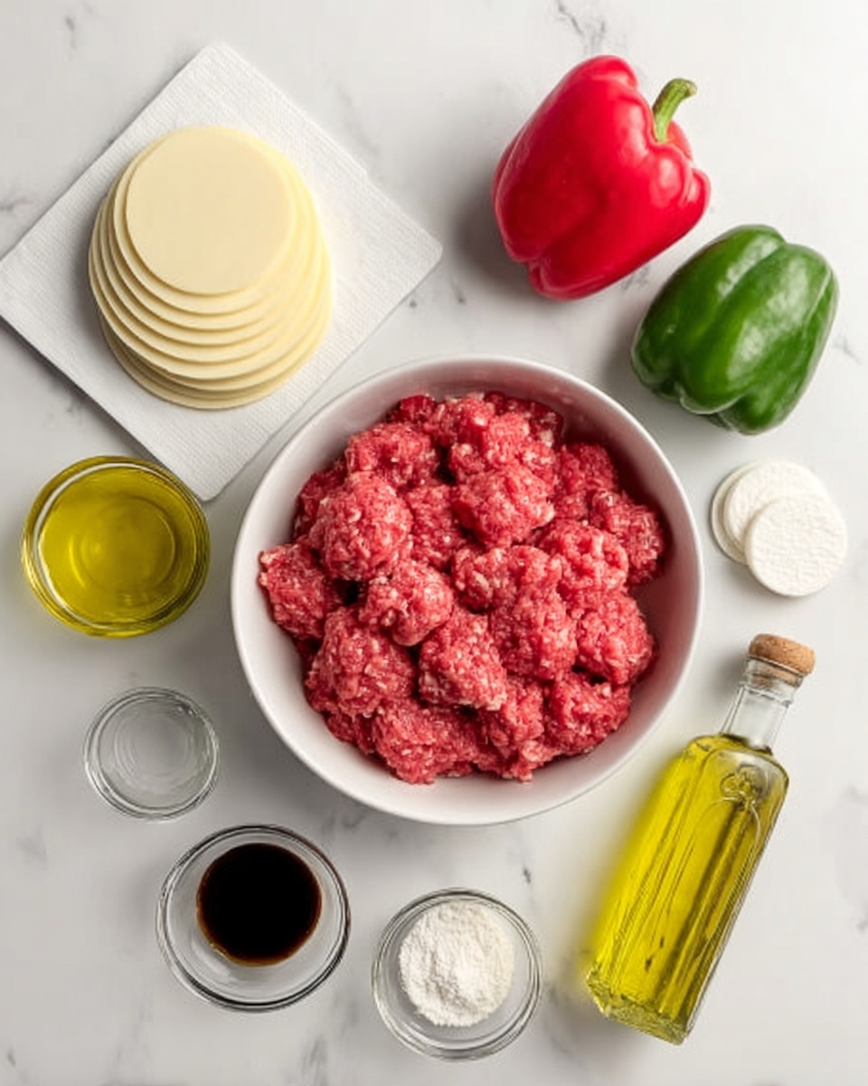 The image shows a white bowl filled with raw, finely chopped red meat placed in the center. Around the bowl, there are several ingredients arranged neatly on a white marbled surface: to the left, a stack of pale yellow circular slices, a white square sheet, and behind them, a whole red bell pepper and a whole green bell pepper. On the right side, there are small round white discs stacked, a clear bottle of yellow cooking oil, and two small clear bowls—one with dark brown liquid and the other with a white powdery substance. The whole setup is clean and well organized. Photo taken with an iphone --ar 4:5 --v 7