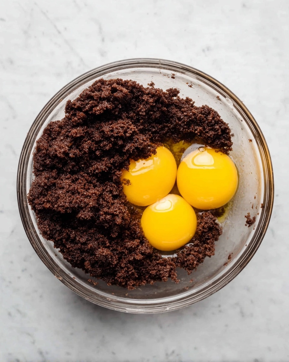 A clear glass bowl is filled with dark brown, crumbly dough on one side, and three raw egg yolks with shiny yellow color rest on top of the dough on the other side. The bowl sits on a white marbled surface, and the mixture's rough texture contrasts with the smooth, bright eggs. photo taken with an iphone --ar 4:5 --v 7