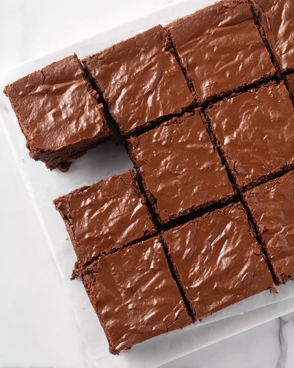 The image shows a white plate with a square batch of nine chocolate brownies, each with a smooth, slightly shiny, and cracked chocolate top. One brownie is slightly pulled away from the main group, showing its soft inside texture. The brownies are placed on a white marbled surface. photo taken with an iphone --ar 4:5 --v 7