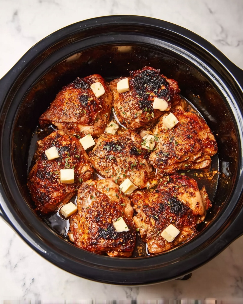 The image shows a black slow cooker filled with several browned and seasoned chicken thighs. The chicken pieces are arranged in one layer, showing a crispy texture with some blackened spots. On top of the chicken, there are small cubes of butter evenly spread out. The slow cooker is placed on a white marbled surface. photo taken with an iphone --ar 4:5 --v 7
