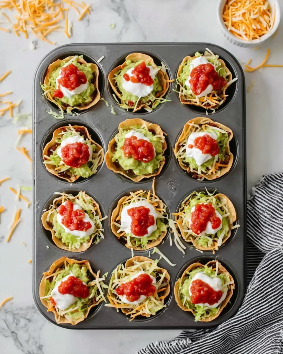 The image shows a muffin tray holding twelve small taco cups, each with several visible layers. The base is a crispy taco shell cup that holds shredded lettuce and orange cheese sticks, creating a mix of green and orange colors. On top of this, there is a dollop of light green guacamole followed by a white layer of sour cream. The final topping is bright red salsa, adding a vivid contrast to the other colors. The tray rests on a white marbled surface with some scattered shredded cheese nearby and a striped black and white cloth on the side. photo taken with an iphone --ar 4:5 --v 7