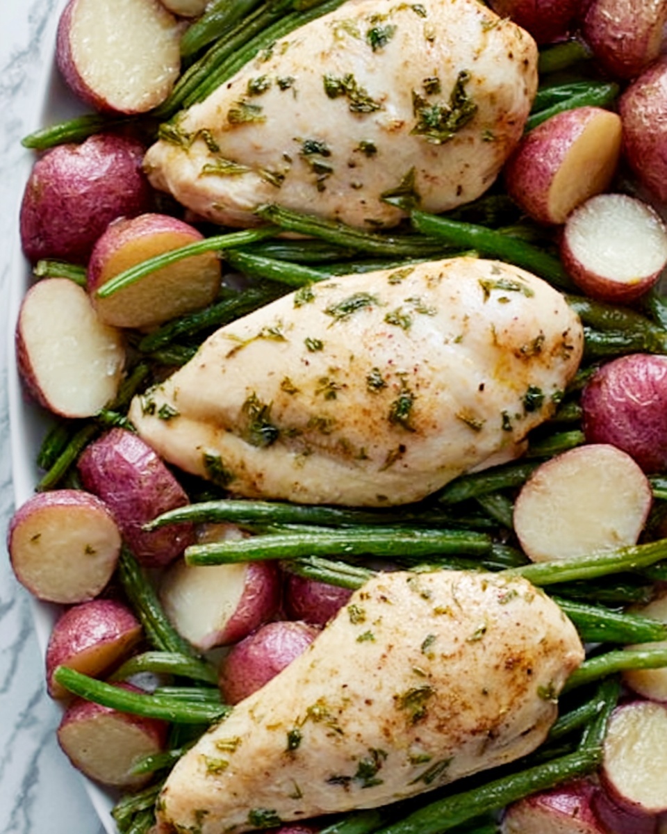 The image shows three cooked chicken breasts placed on top of a layer of green beans and chopped red potatoes. The chicken breasts are light golden with small sprinkles of green herbs, showing a soft and slightly moist texture. Below, the green beans are bright green and slightly shiny, arranged in thin lines across the white plate. The red potatoes are halved, displaying their pale insides with red skins still on, scattered evenly between the green beans. The surface under the plate has a white marbled texture. photo taken with an iphone --ar 4:5 --v 7