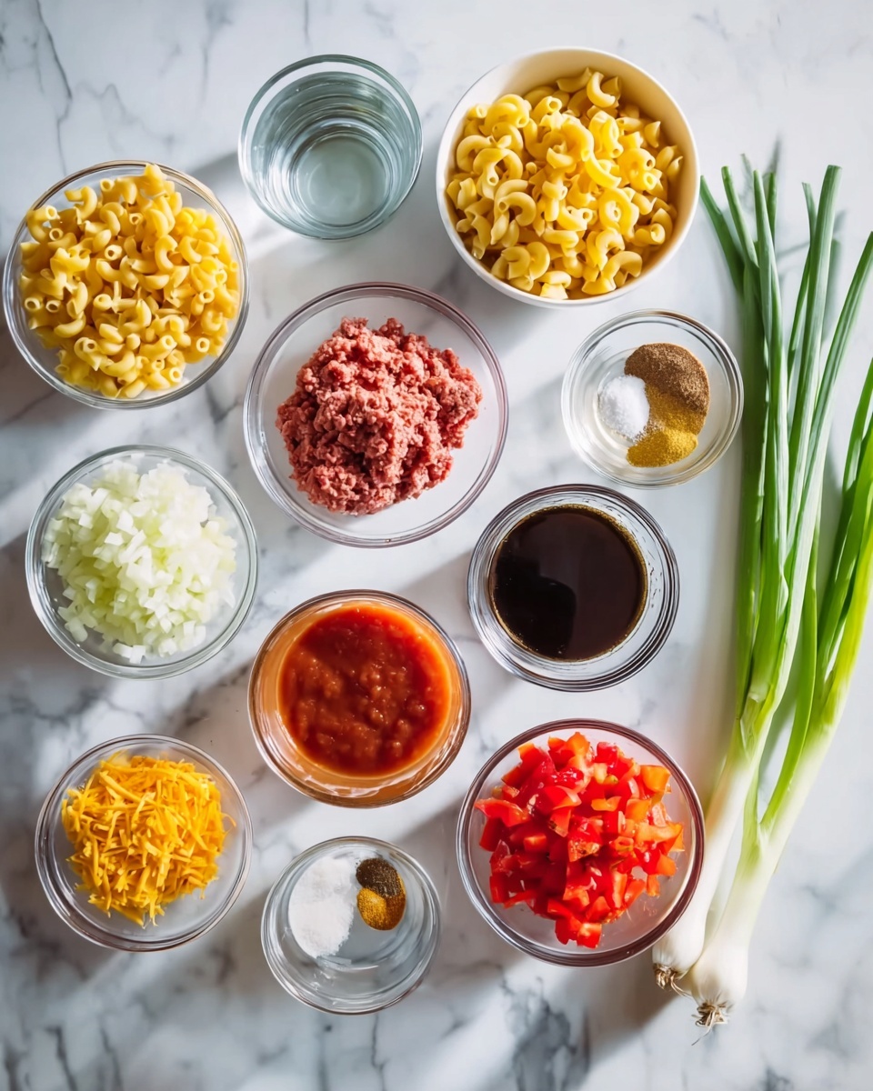 The image shows many small white bowls and clear glass cups placed on a white marbled surface. There are eleven bowls and cups arranged in a loose circle. The bowls hold different ingredients, including yellow elbow macaroni, chopped white onions, ground red meat, tomato sauce, chopped red bell peppers, shredded orange cheese, and minced garlic. Among the glass cups, one has clear water, another has a dark sauce, and others hold light brown spices, white powder, and yellow mustard. On the upper right side, three fresh green onions lay on the marbled surface. The scene is bright and clear, showing all ingredient details, photo taken with an iphone --ar 4:5 --v 7