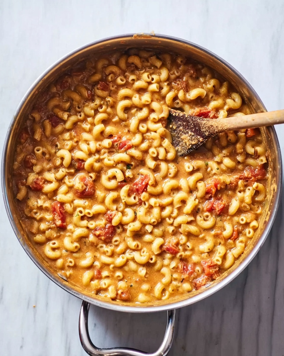 A large metal pot filled with cooked elbow macaroni pasta in a thick, light brown sauce with small pieces of red tomatoes and bits of seasoning visible throughout. A wooden spoon rests inside the pot, partially covered with the sauce and pasta, showing a rough texture. The pot sits on a white marbled surface, creating a clean and bright background with two metal handles on each side. The colors are warm with creamy pasta yellows, red accents, and sauce browns, highlighting a hearty pasta dish photo taken with an iphone --ar 4:5 --v 7