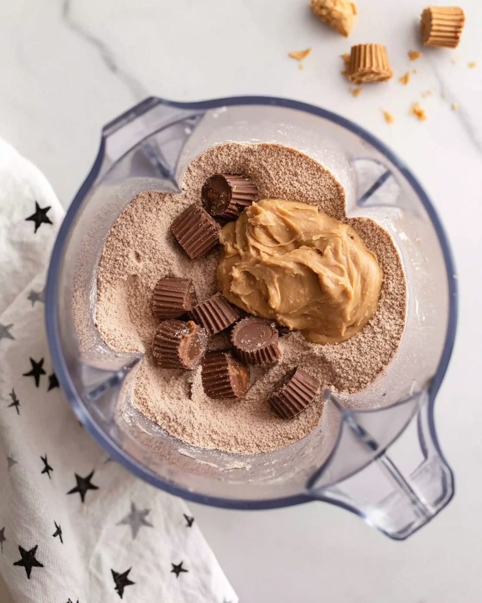 The image shows a clear blender container filled with a mix of ingredients viewed from above. Inside, there is a layer of light brown powder forming the base, with several small peanut butter cups scattered throughout. On top of the powder and peanut butter cups, there is a blob of creamy, light brown peanut butter. The blender sits on a white marbled surface, with a white cloth featuring black stars partially visible at the bottom left corner. Photo taken with an iphone --ar 4:5 --v 7