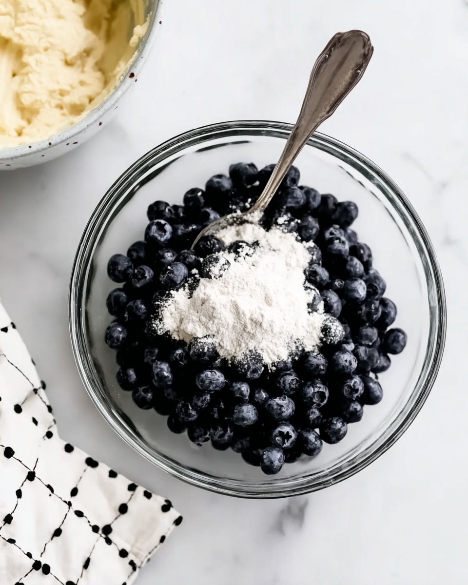 A clear glass bowl sits on a white marbled surface, filled with a layer of fresh dark blueberries topped with a small pile of white flour. A silver spoon rests inside the bowl, partially submerged in the blueberries and flour mix. In the top left corner, part of another bowl with a pale creamy mixture is visible. A white cloth with black stitch lines and polka dots lies at the bottom left edge of the image. Photo taken with an iphone --ar 4:5 --v 7