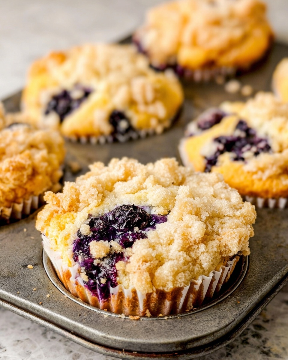 The image shows several golden brown muffins in a metal baking tray, each muffin topped with a crumbly, light beige streusel layer. Dark purple blueberry filling is visible in the middle of each muffin, some slightly bursting out. The muffins sit in white paper liners with fluted edges. The tray rests on a white marbled textured surface, with the focus clearly on the front muffin while the others blur softly in the background. photo taken with an iphone --ar 4:5 --v 7