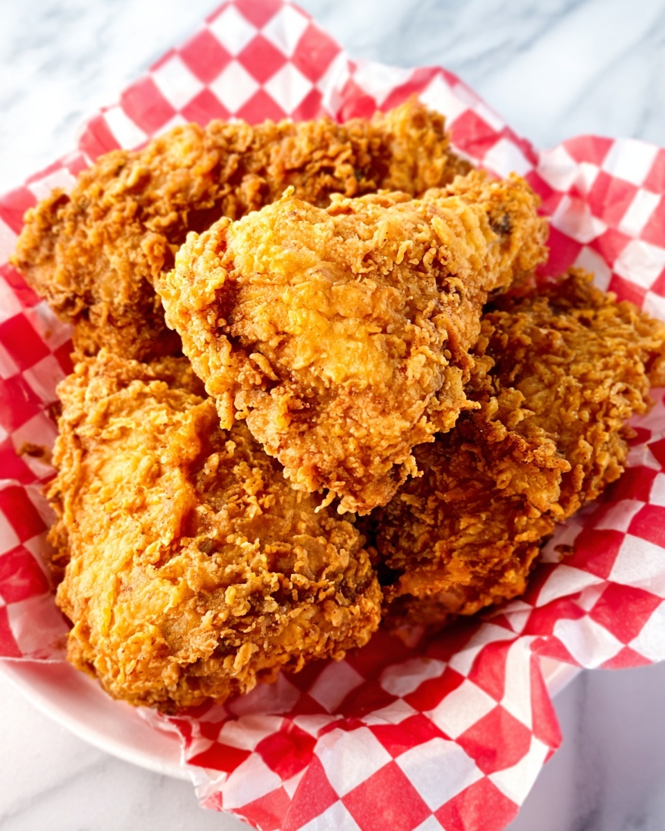 A white plate holds three large pieces of crispy fried chicken stacked on top of each other. The chicken has a light golden brown, crunchy coating with a bumpy texture showing the thick fried crust. The chicken pieces fill most of the plate, which is lined with red and white checkered paper. The background is a white marbled surface. Photo taken with an iphone --ar 4:5 --v 7