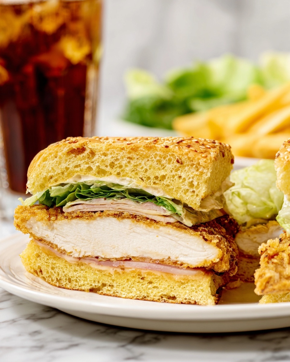 A close-up view of a sandwich cut in half on a white plate, showing five layers: the top layer is a golden sesame seed bun with a soft and slightly crumbly texture; below it is a thin layer of light pink sauce; next is a leaf of fresh green lettuce; underneath is a melted white cheese slice with a smooth texture; the main filling is thick, crispy fried chicken with a golden brown crust and white inside; the bottom layer is another part of the golden bun with a soft texture. In the background, there is some blurred green lettuce and yellow fries with a glass of iced cola on a white marbled surface. photo taken with an iphone --ar 4:5 --v 7