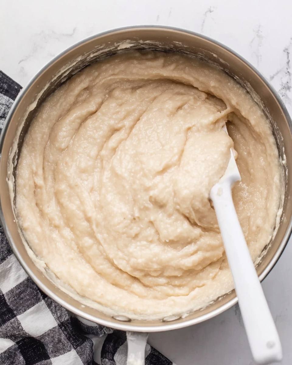 The image shows a shiny silver pan filled with creamy beige dough or batter that has a smooth, thick texture with some small lumps. A white spatula is partially dipped into the mixture, stirring it gently inside the pan. The pan rests on a white marbled surface with a black and white checkered cloth nearby. The dough looks soft and spread out evenly inside the pan, covering most of the bottom and sides. photo taken with an iphone --ar 4:5 --v 7