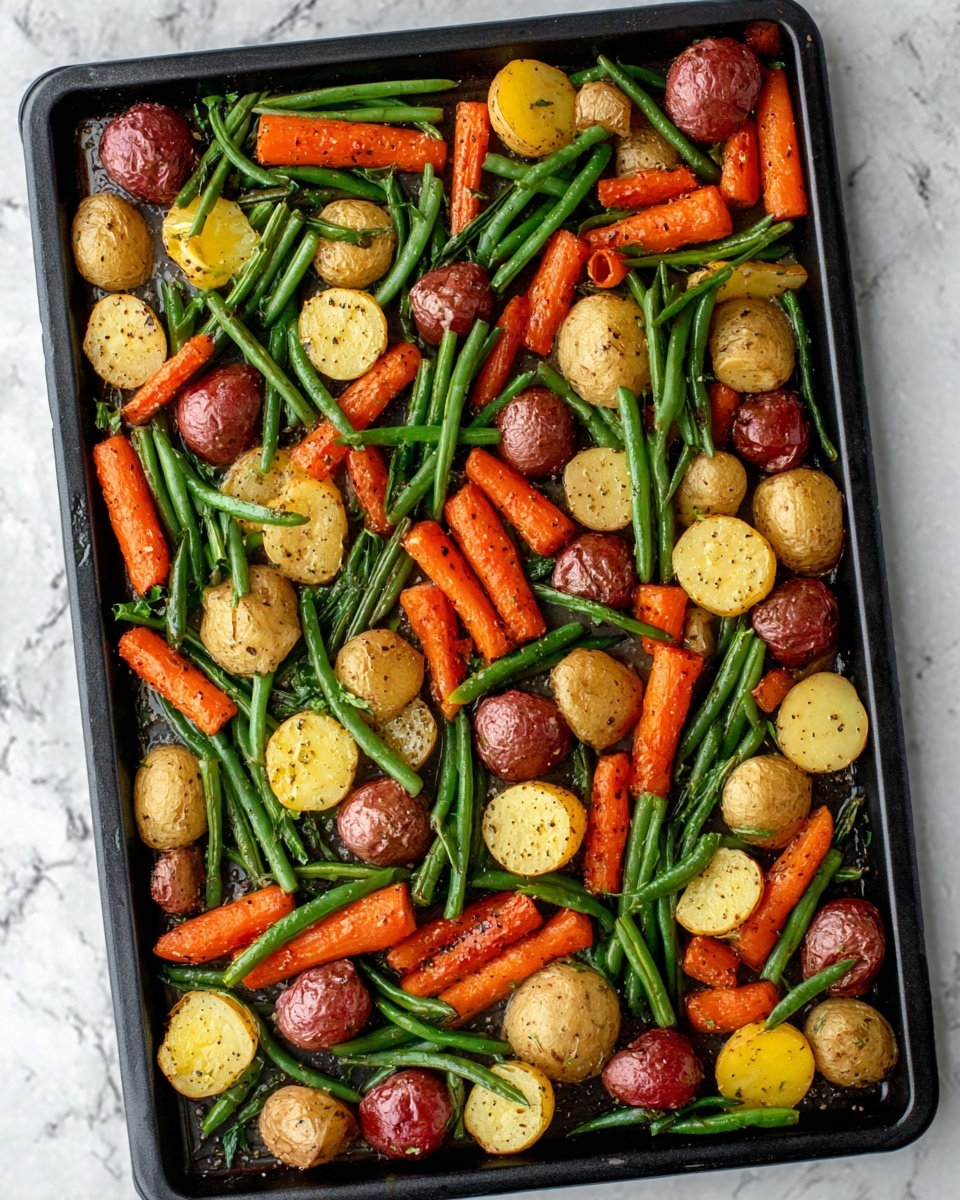 A black baking tray filled with roasted vegetables arranged evenly in one layer. The vegetables include small red potatoes halved, bright orange baby carrots, green beans, and halved yellow potatoes. The vegetables have a slightly browned and roasted texture showing some crisp edges with light seasoning visible. The tray is set on a white marbled surface. photo taken with an iphone --ar 4:5 --v 7