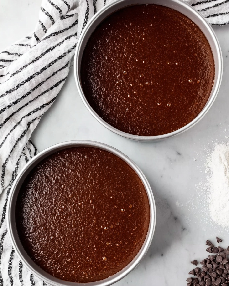 Two round cake pans filled with smooth, dark brown batter sit on a white marbled surface. The batter is evenly spread, with small bubbles and a slightly shiny texture on top. The pans are metallic with clean edges, placed close to each other. Next to the pans lies a white cloth with black stripes, casually folded. In the upper right corner, small piles of dark chocolate chips and white flour are slightly scattered on the white marbled background. Photo taken with an iphone --ar 4:5 --v 7