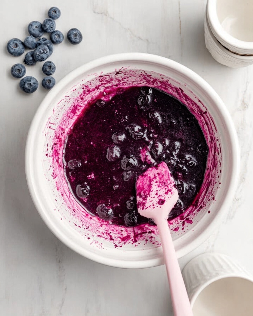 The image shows a white bowl with a mixture of deep purple blueberry liquid inside. The bowl has splashes of the purple mix around the inside edges and on the rim. A white marbled surface is underneath the bowl. Near the bowl, there is a woman's hand holding a pink spatula, with a small amount of the purple mixture on it. Blueberries are placed near the top left corner outside the bowl. There are two white stacked cups on the right side. The photo taken with an iphone --ar 4:5 --v 7