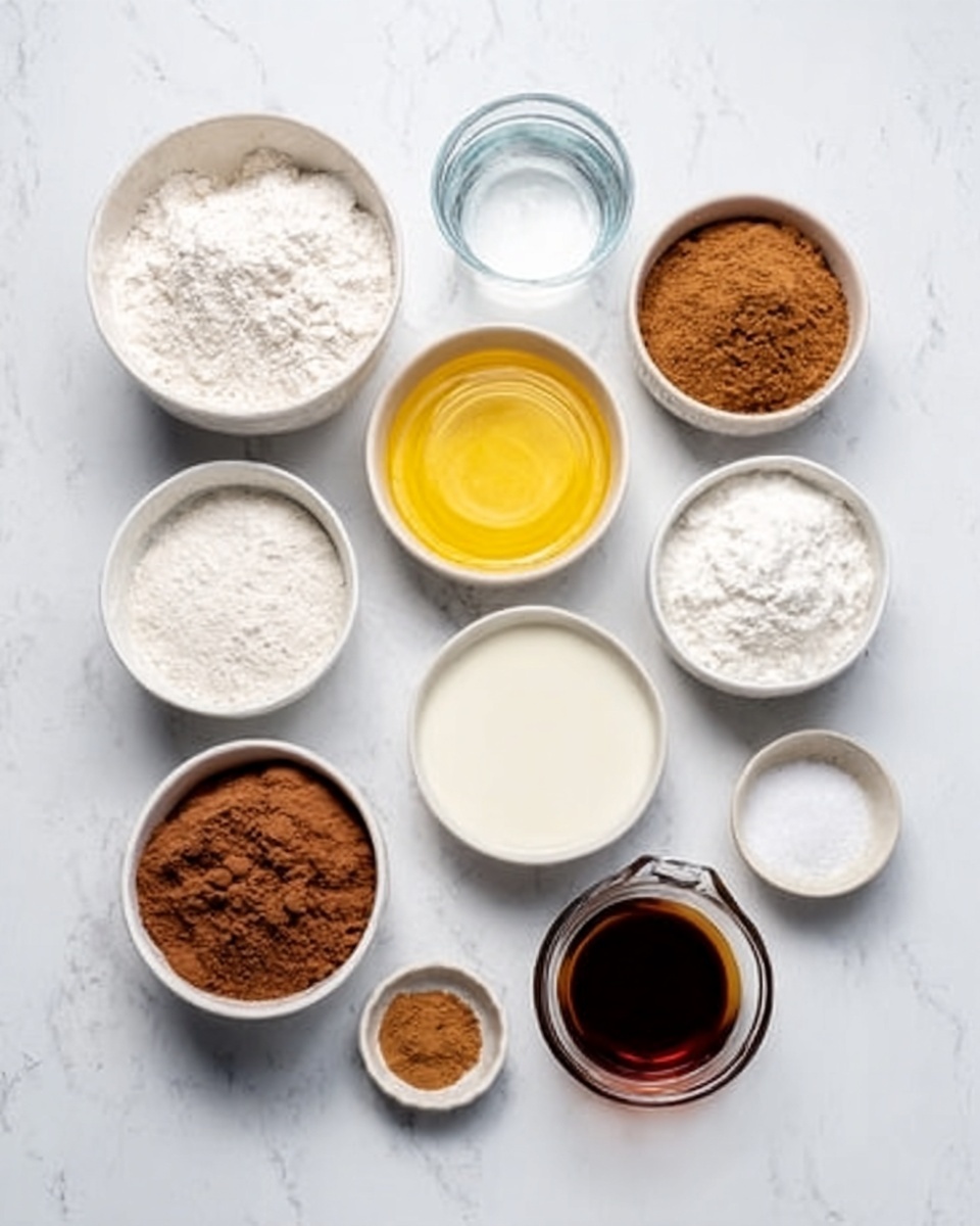 The image shows a white marbled surface with nine white bowls and one clear measuring cup arranged neatly. The bowls contain different dry and wet baking ingredients: flour, brown sugar, coconut milk, melted butter, milk, cocoa powder, and vanilla extract, along with small bowls of salt and baking soda. The clear measuring cup holds water. The colors include white flour and coconut milk, golden yellow melted butter, rich brown sugar and cocoa powder, creamy milk, and dark vanilla extract, all neatly displayed in separate bowls. Photo taken with an iphone --ar 4:5 --v 7