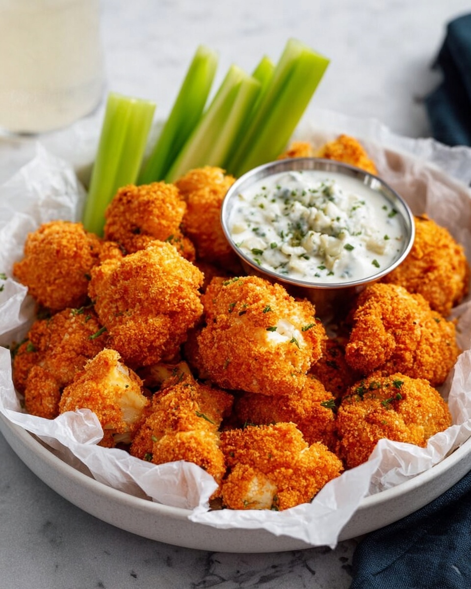 A white plate holds a pile of about a dozen round, golden-orange crispy fried cauliflower bites with a rough, crunchy texture. Next to the cauliflower, there is a small metal cup filled with white creamy dipping sauce with green herb bits on top. On the side of the plate, several bright green celery sticks stand upright, adding fresh color contrast. The plate is lined with crumpled white parchment paper. The background is a white marbled texture, and a frosted glass of light-colored drink is visible blurred in the back. photo taken with an iphone --ar 4:5 --v 7