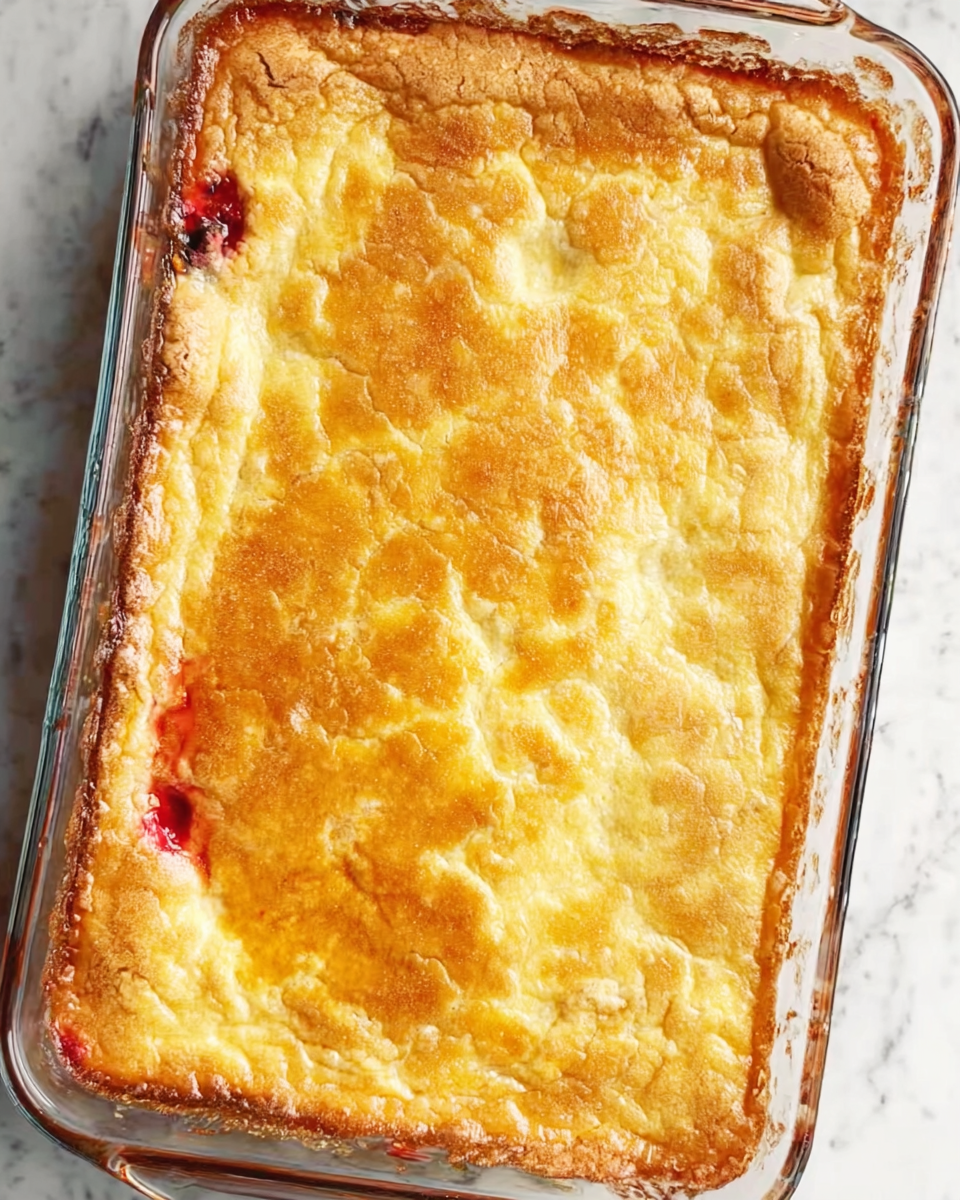 The image shows a rectangular glass baking dish with a baked dessert inside. The dessert has a rough, golden-brown top layer with cracked texture and uneven coloring, including lighter yellow and darker brown spots. This top layer covers a red filling that is slightly visible near the edges. The dish is placed on a white marbled surface. photo taken with an iphone --ar 4:5 --v 7
