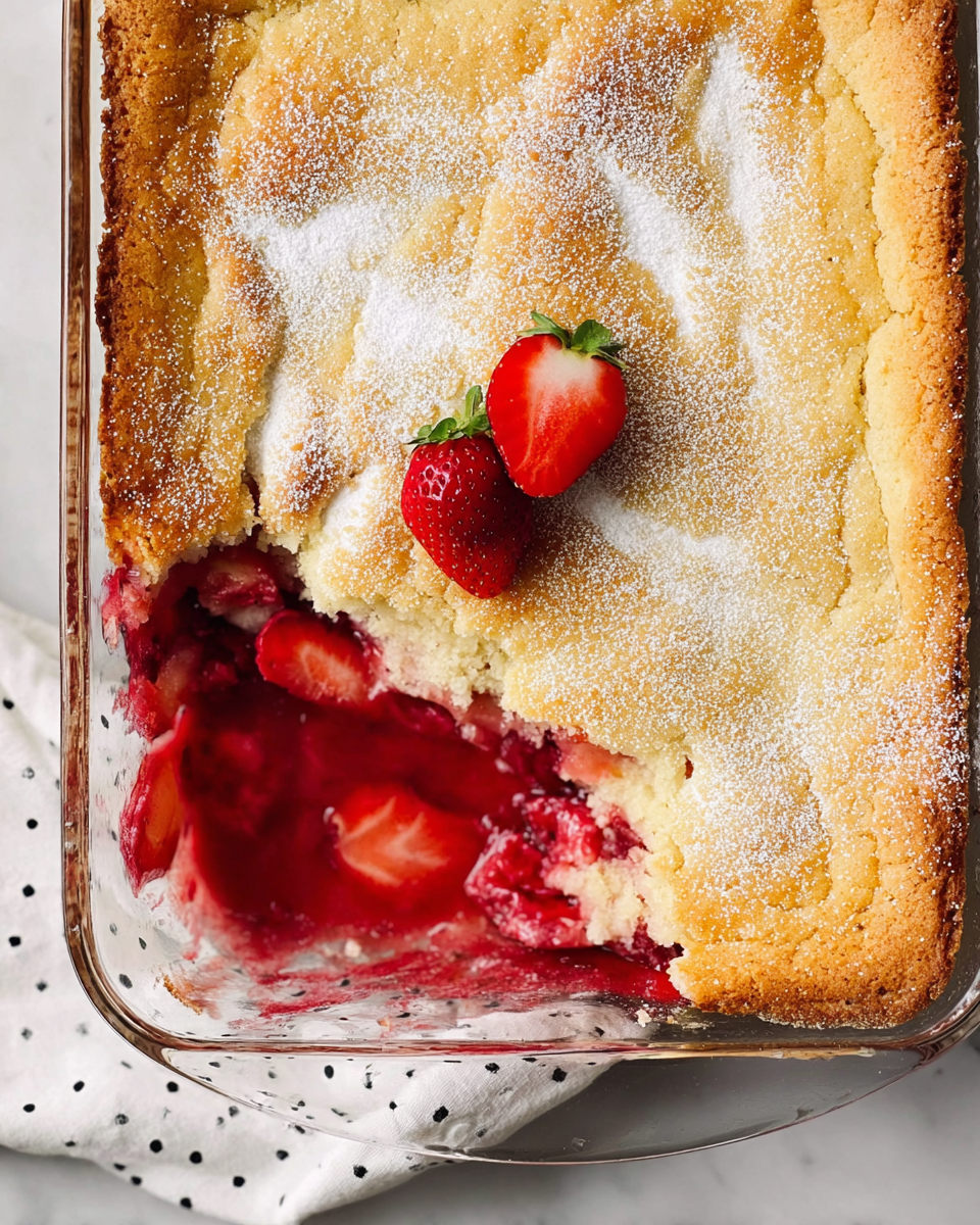 A rectangular dish of golden brown crust sits on a white marbled surface with a partially eaten corner revealing a bright red, glossy strawberry filling underneath. The top layer is slightly cracked and uneven with a matte, floury texture. Two half strawberries with red flesh and green tops rest on the crust near the center. The clear glass dish holds the dessert, showing the rich red filling inside, and a white cloth with black dots is partially visible under the dish’s corner. photo taken with an iphone --ar 4:5 --v 7