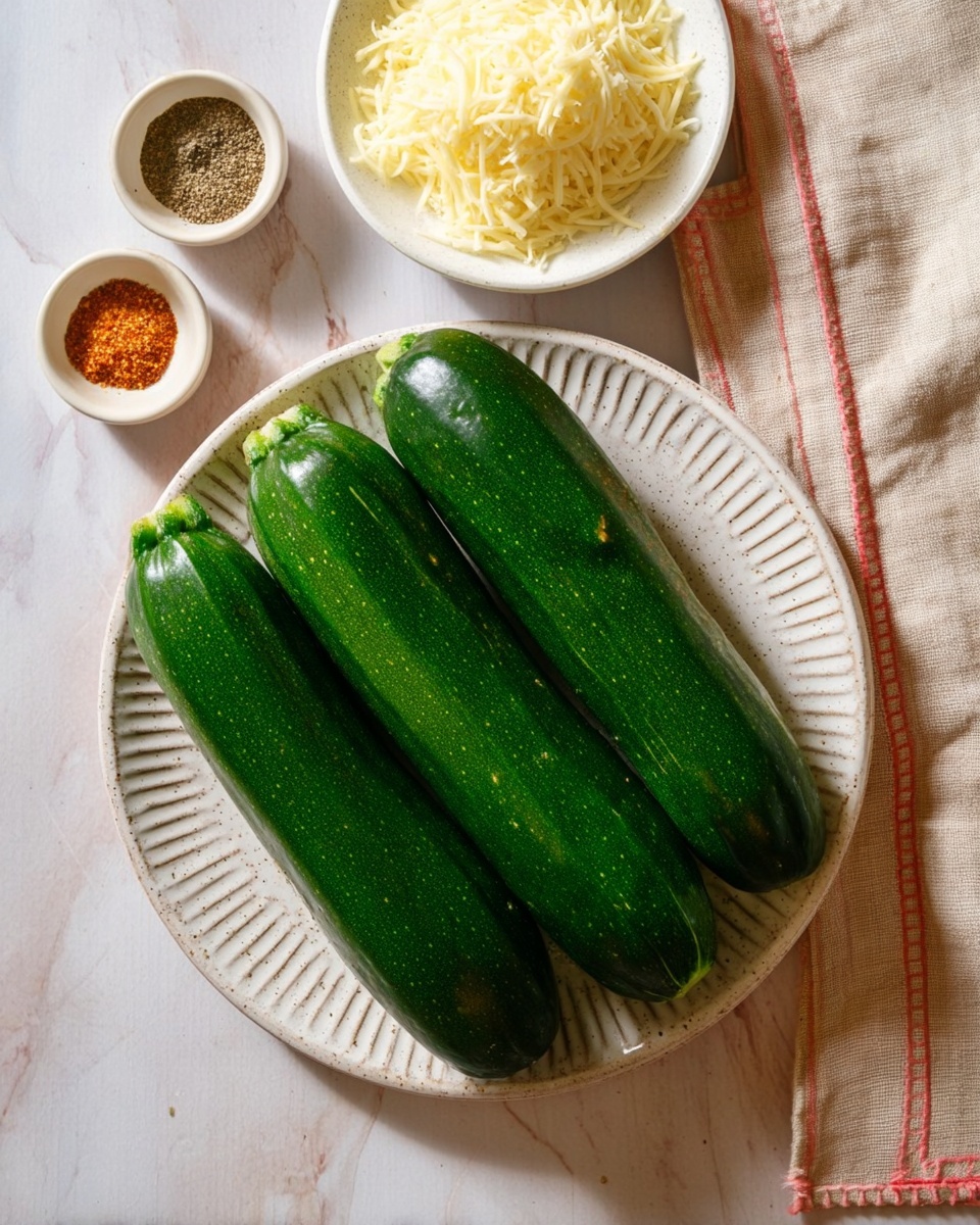 Three shiny green zucchinis are placed side by side in a white speckled plate with grooves, positioned in the center of the image on a white marbled surface. Above the plate, two small white bowls are shown: the larger bowl is filled with grated pale yellow cheese, and the smaller bowl contains a mix of spices in different shades of beige, black, and orange. To the right side of the plate, a soft beige cloth with a pink stitched border is gently laid out. The overall scene has natural lighting and a clean, simple look. photo taken with an iphone --ar 4:5 --v 7