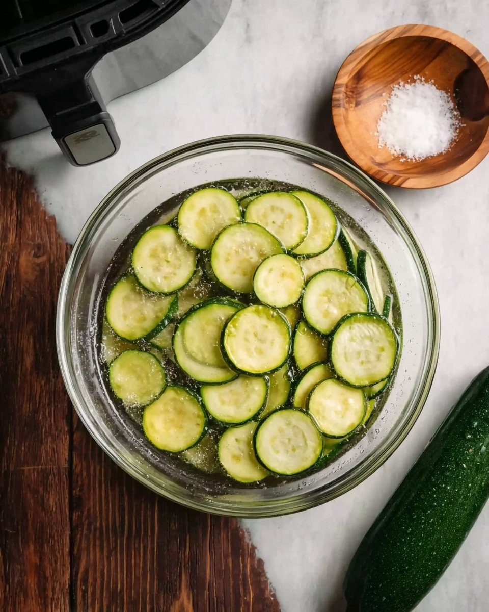 A clear glass bowl placed on a white marbled surface holds many thin, round slices of light green zucchini soaked in a shiny liquid, possibly oil. Above the bowl is a small wooden bowl filled with white salt crystals. To the right of the glass bowl lies a whole dark green zucchini, showing smooth skin. A woman's hand is partly visible on the left side near a black part of an air fryer. photo taken with an iphone --ar 4:5 --v 7