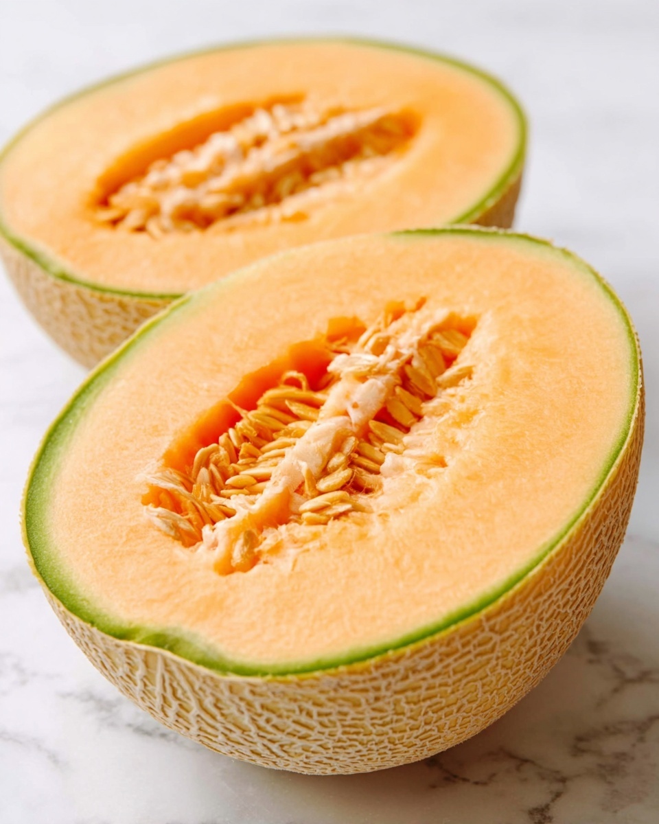 The image shows a cantaloupe melon cut in half and placed on a smooth white marbled surface. The melon has a rough, netted beige outer rind with a thin green line just under the rind. Inside, the melon flesh is soft orange and smooth, surrounding a hollow center filled with cream-colored seeds and light fibrous strands. The two halves are positioned close, one lying slightly behind the other, with the inside and seeds clearly visible. photo taken with an iphone --ar 4:5 --v 7