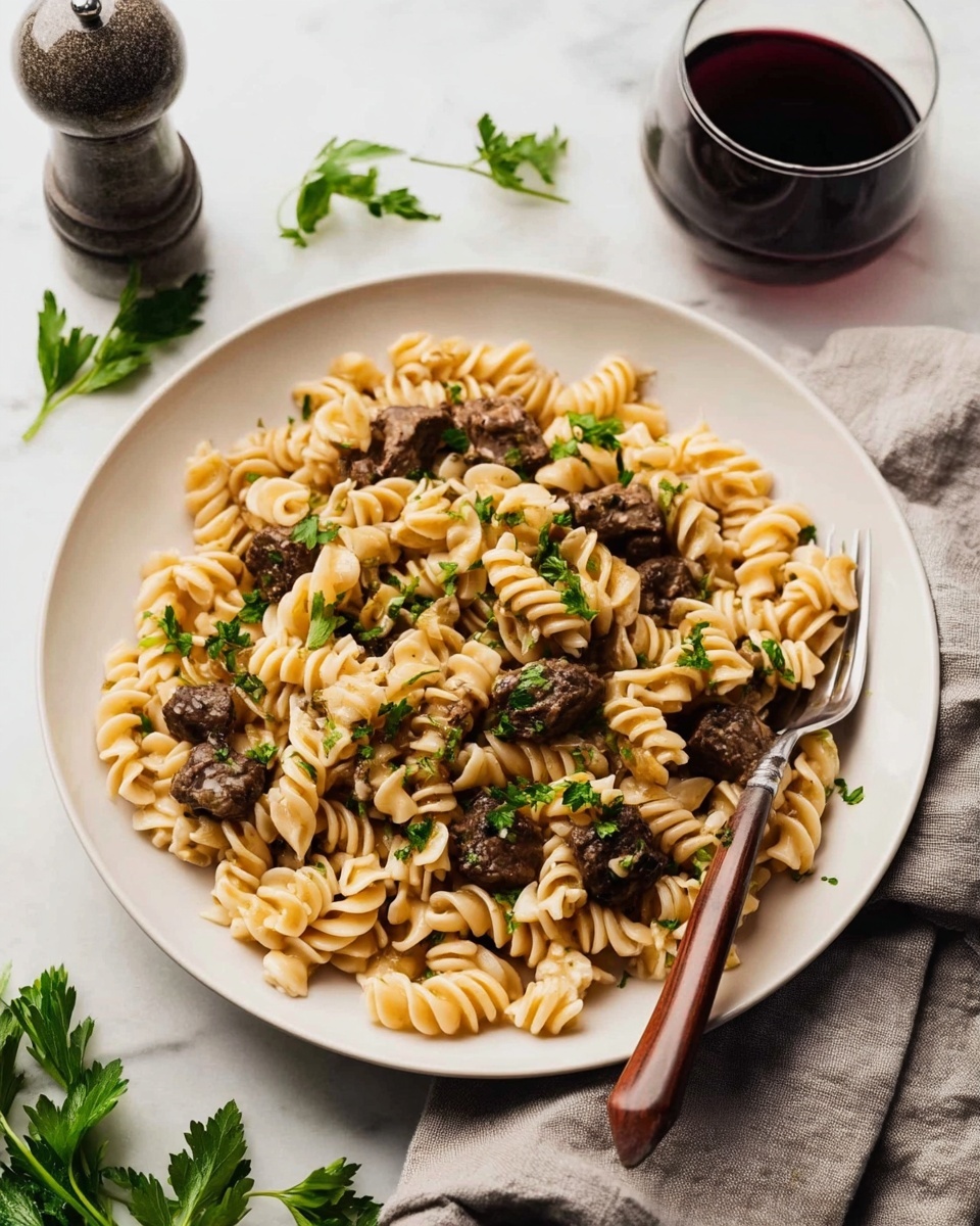 A white deep plate filled with light beige twisted pasta spirals mixed with dark brown chunks of meat scattered evenly throughout. Small pieces of bright green parsley are spread on top and around the pasta, adding a fresh pop of color. A silver fork with a brown handle rests on the right edge of the plate, partially inside. The plate sits on a clean white marbled surface with some parsley leaves nearby. To the left, there is a dark metal pepper grinder and a soft gray cloth. On the right side, there is a clear glass filled with dark red wine. The photo taken with an iphone --ar 4:5 --v 7