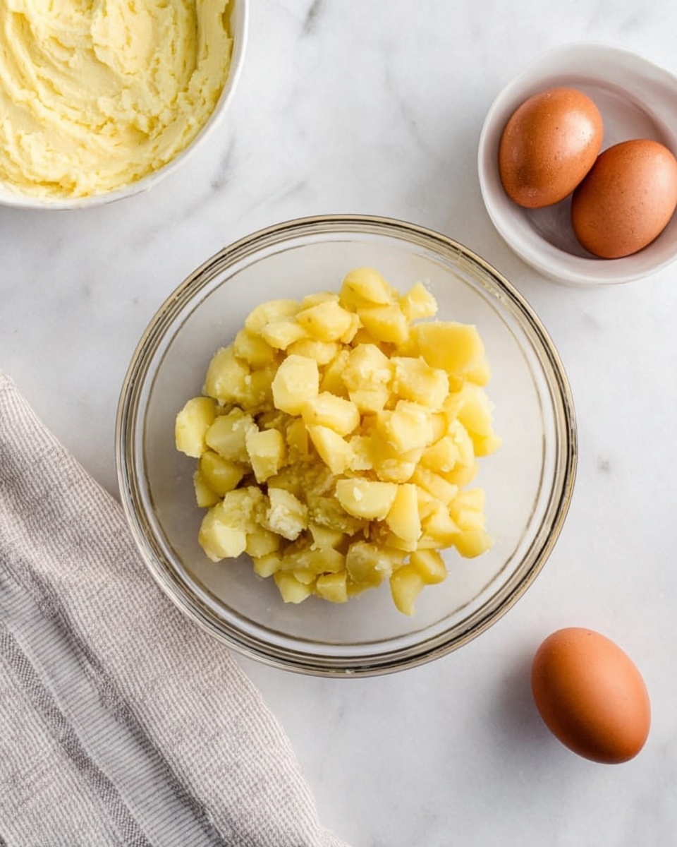 The image shows a clear glass bowl in the center filled with small yellow potato pieces that are peeled and chopped into chunks. To the top right of the bowl, there is a white bowl with two brown eggs inside. Above the eggs, there is a larger white bowl filled with a creamy yellow mashed potato mixture. A light gray striped cloth is placed to the left side of the glass bowl, resting on a white marbled surface. Photo taken with an iphone --ar 4:5 --v 7