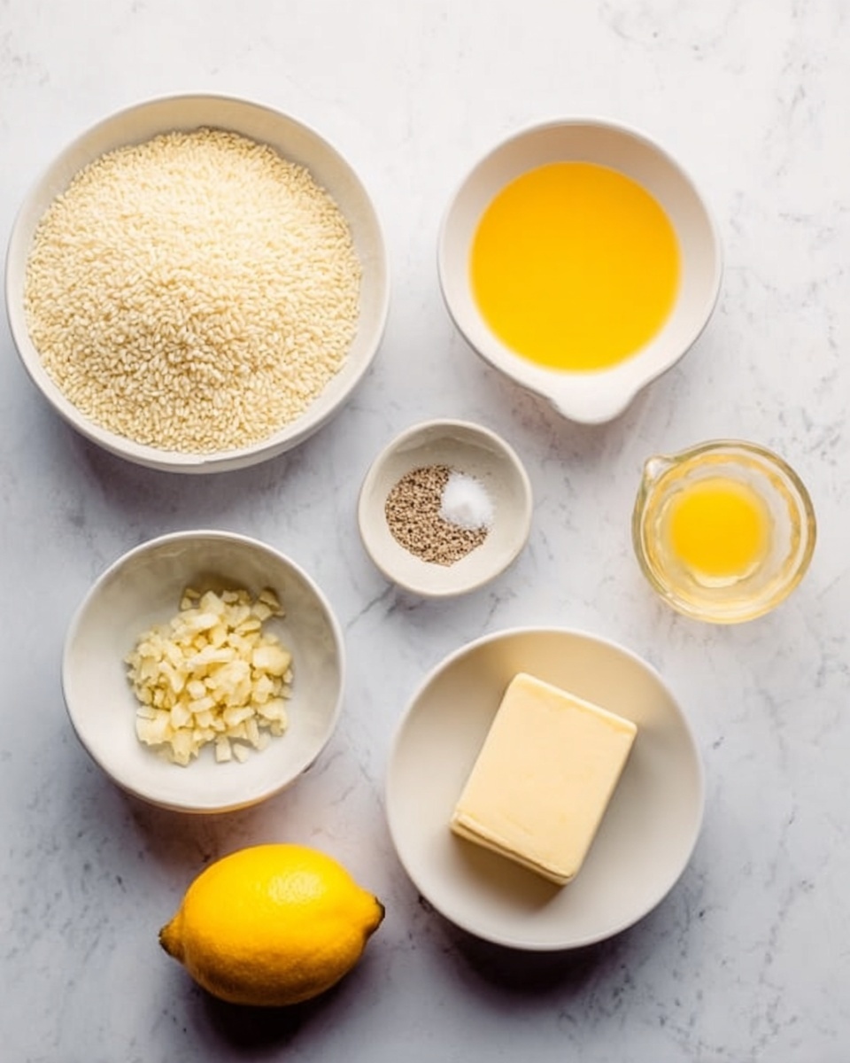 The image shows seven small white bowls and a lemon on a white marbled surface. One big white bowl is filled with uncooked rice. A medium white bowl contains a yellow liquid, and another medium white bowl has a square of butter. There is a small white bowl with finely chopped garlic and ginger, and another small white bowl holds salt and black pepper. A clear glass cup is filled with a yellow-orange liquid, and a whole lemon is placed next to the bowls. Photo taken with an iphone --ar 4:5 --v 7
