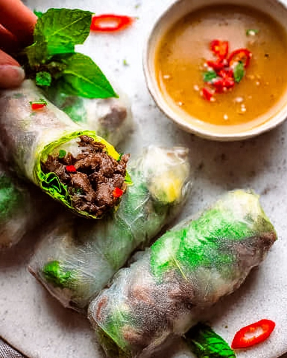 The image shows three rice paper rolls placed on a white marbled surface. The rolls have a thin, translucent outer layer that is slightly shiny, revealing a dark brown meat filling mixed with small pieces of red chili and light-colored herbs inside. Bright green lettuce leaves peek out from underneath and around the rolls. Near the top left, there is a woman's hand holding one of the rolls, with green herbs and red chili visible inside it. In the upper right corner, there is a white bowl filled with a light brown dipping sauce garnished with small red chili pieces. The overall colors are natural and vibrant, with a fresh and appetizing look. Photo taken with an iphone --ar 4:5 --v 7