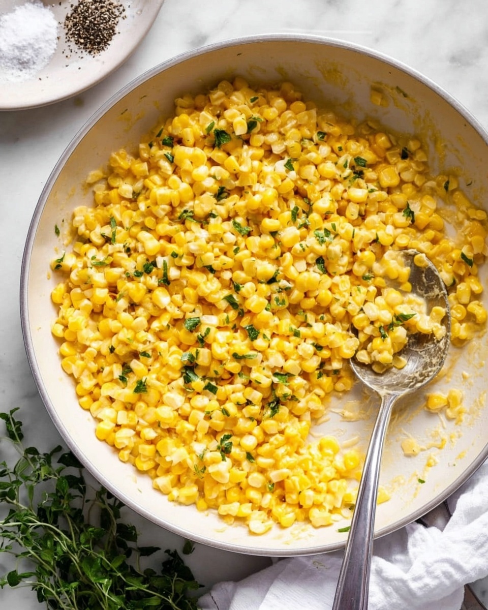 This image shows a white pan filled with creamy yellow corn kernels mixed with small green herbs scattered on top, giving a fresh look. The corn appears soft and slightly shiny, suggesting it is cooked and saucy. There is a silver spoon on the right side inside the pan with a bit of corn scooped onto it. The surface below the pan is a white marbled texture, and in the background, there is a white plate with coarse black and white seasonings arranged on it, slightly blurred out. A bunch of green herbs lie partly under the pan near the bottom edge, and a white cloth is folded nearby. photo taken with an iphone --ar 4:5 --v 7