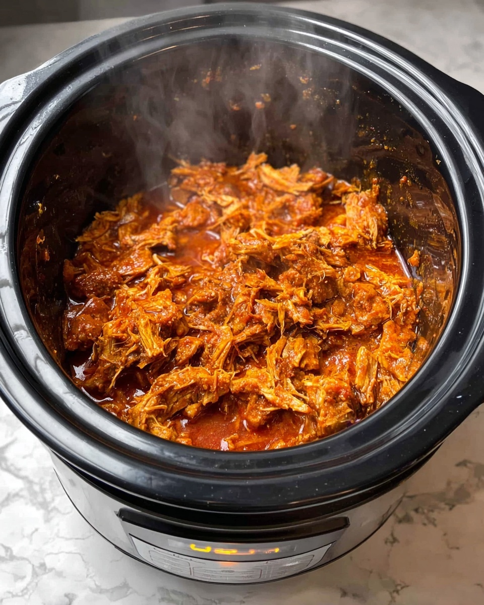 Inside a black slow cooker, there is a large amount of shredded meat mixed with a reddish-orange sauce. The meat is in the center, with visible fibrous texture and uneven chunks, coated well by the sauce creating a moist, rich appearance. The slow cooker is set on a white marbled surface with steam gently rising from the food, giving a fresh, hot impression. The outer part of the slow cooker is silver with a digital display on the front. photo taken with an iphone --ar 4:5 --v 7