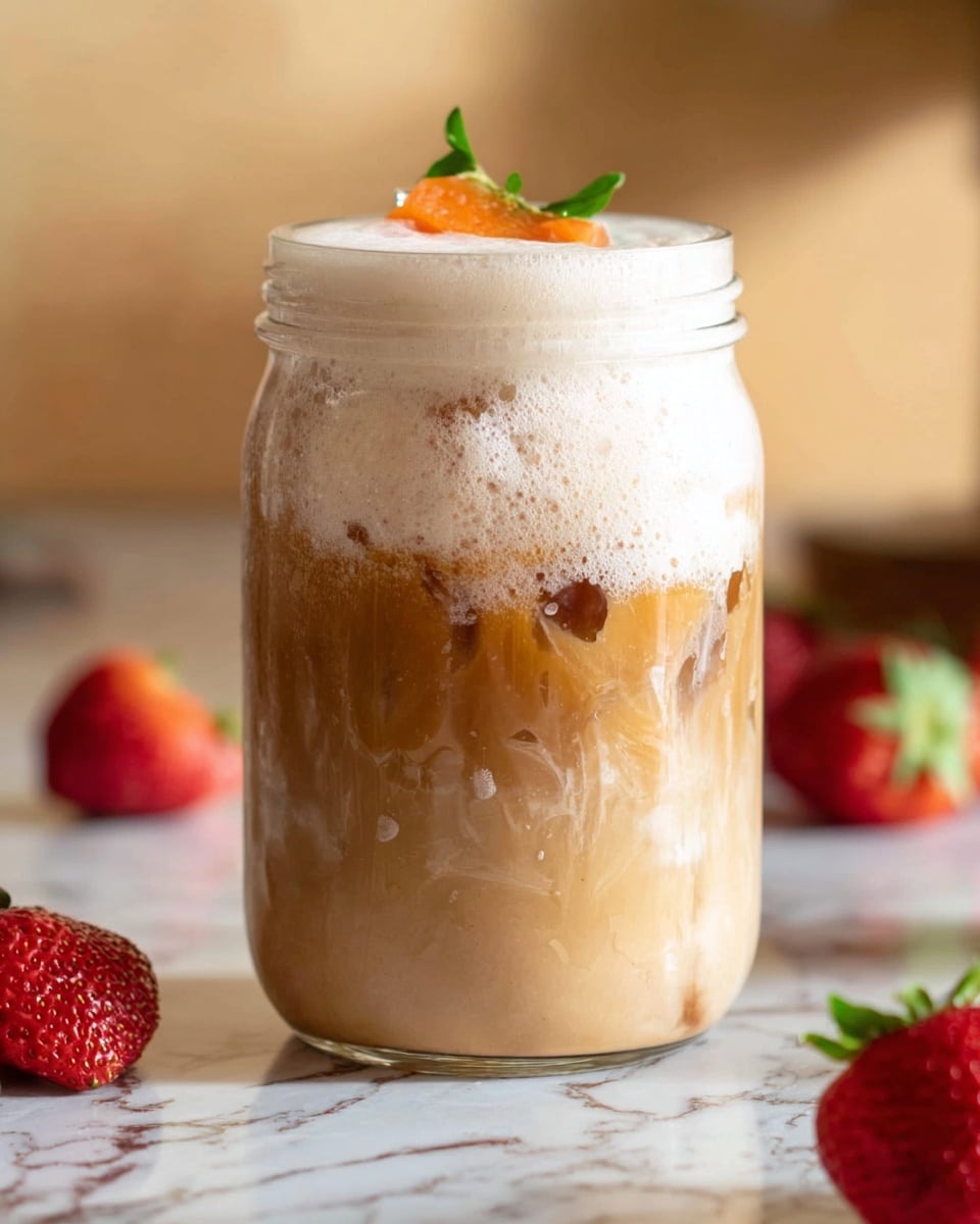 The image shows a clear glass jar filled with a creamy iced drink, layered with a light brown coffee base at the bottom, blending into a lighter creamy color in the middle, and topped with a thick, frothy white foam that slightly overflows down the sides of the jar. On top of the foam, there is a small piece of bright orange fruit with a green leaf garnish. The jar sits on a white marbled surface with whole and halved red strawberries scattered around. The background is softly blurred with warm neutral tones. photo taken with an iphone --ar 4:5 --v 7
