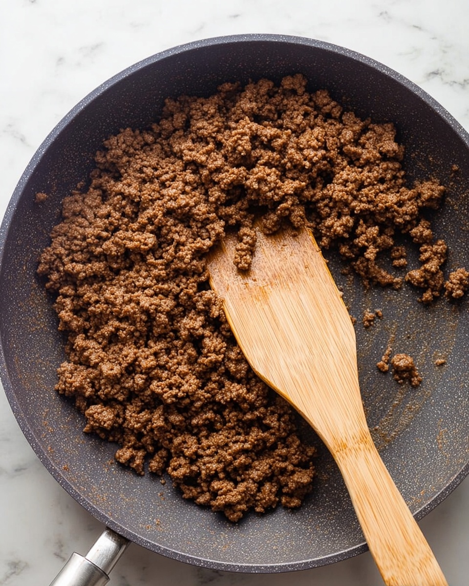 This image shows a close-up top view of a dark gray frying pan filled with cooked ground meat that is brown with a slightly oily shine. The texture is crumbly and uneven, scattered all over the pan's inside surface. A wooden spatula with a smooth, light brown surface is placed inside the pan, with its flat edge partly under some of the meat, as if stirring it. The pan sits on a white marbled surface, adding brightness around the dark pan. photo taken with an iphone --ar 4:5 --v 7