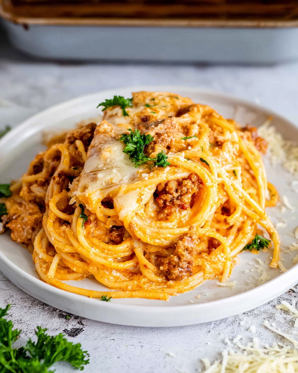A white plate holds a serving of spaghetti layered with thick, creamy orange sauce mixed with small pieces of cooked meat throughout. On top, there is a layer of melted, golden-brown cheese that stretches slightly over the edges of the noodles. Small green parsley leaves are scattered on the cheese and around the dish for garnish, adding color contrast. The plate sits on a white marbled surface with some small cheese shreds nearby, giving a fresh and inviting look. photo taken with an iphone --ar 4:5 --v 7