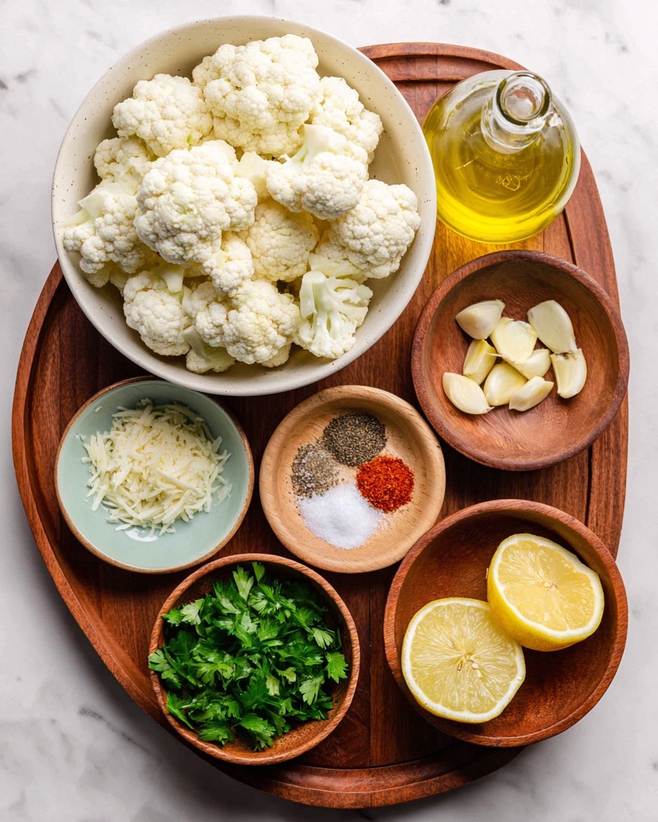 A wooden round tray holds a large white bowl filled with fresh white cauliflower florets on the left side. To the right of this bowl, there is a clear glass bottle with golden olive oil. Below the olive oil, a small brown wooden bowl contains chopped garlic. Near the bottom center, another brown wooden bowl holds fresh green parsley leaves. In the bottom left corner, a small white bowl with a light blue inside rim contains grated cheese. Next to it, a small white bowl has mixed spices arranged in three sections: black pepper, white salt, and red paprika. On the bottom right side of the tray, a cut lemon halves are inside a brown wooden bowl. All items sit on a white marbled surface. Photo taken with an iphone --ar 4:5 --v 7