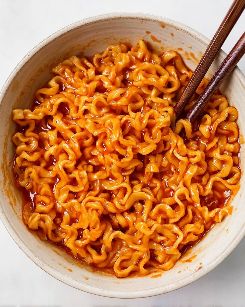 A white bowl filled with a single layer of thick, wavy, curly noodles covered in a shiny, thick orange-red sauce that clings to every twist and turn of the noodles. The noodles' texture looks soft and slightly chewy. Two wooden chopsticks rest on the edge of the bowl at the top right side. The bowl sits on a white marbled surface. photo taken with an iphone --ar 4:5 --v 7