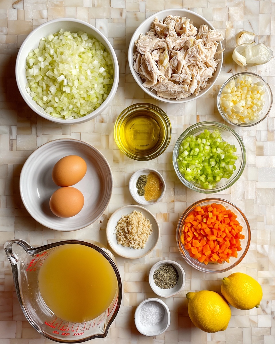 The image shows multiple small white bowls and glass containers with different cooking ingredients placed on a white marbled surface. On the top left, there is a white bowl filled with finely chopped onions. To its right, a bigger white bowl contains shredded cooked chicken. Below the onions, a small glass bowl holds minced garlic, and next to it, another glass bowl has chopped celery. In the center, a small glass holds olive oil. On the far right, a white bowl has two raw eggs. Below the garlic, there is a small white bowl with dried herbs, while beside it, a small glass bowl holds minced ginger. Near the center bottom, two halved lemons and one whole lemon are visible. On the bottom right, a small glass bowl contains sliced carrots. At the bottom left, a glass measuring cup is filled with clear chicken broth. Scattered near the lemons are two small dishes with salt and black pepper. photo taken with an iphone --ar 4:5 --v 7