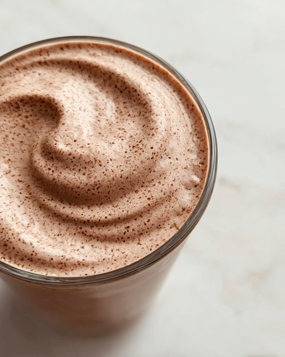 A close-up view of a glass filled with a single smooth and creamy layer of light brown chocolate mousse, showing tiny darker brown specks distributed evenly throughout the mousse, with swirling ridges on the surface. The glass is clear, round, and transparent, sitting on a white marbled texture. photo taken with an iphone --ar 4:5 --v 7