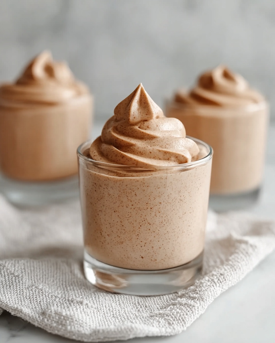 The image shows three clear glass cups filled with a smooth, creamy light brown mousse. Each cup is full to the top with the mousse shaped in a soft swirl, ending in a small peak at the center. The mousse has tiny darker brown specks spread evenly inside, giving it a textured look. The cups are placed on a white textured cloth, which rests on a white marbled surface, with a simple, soft background blurred out behind them. The photo taken with an iphone --ar 4:5 --v 7