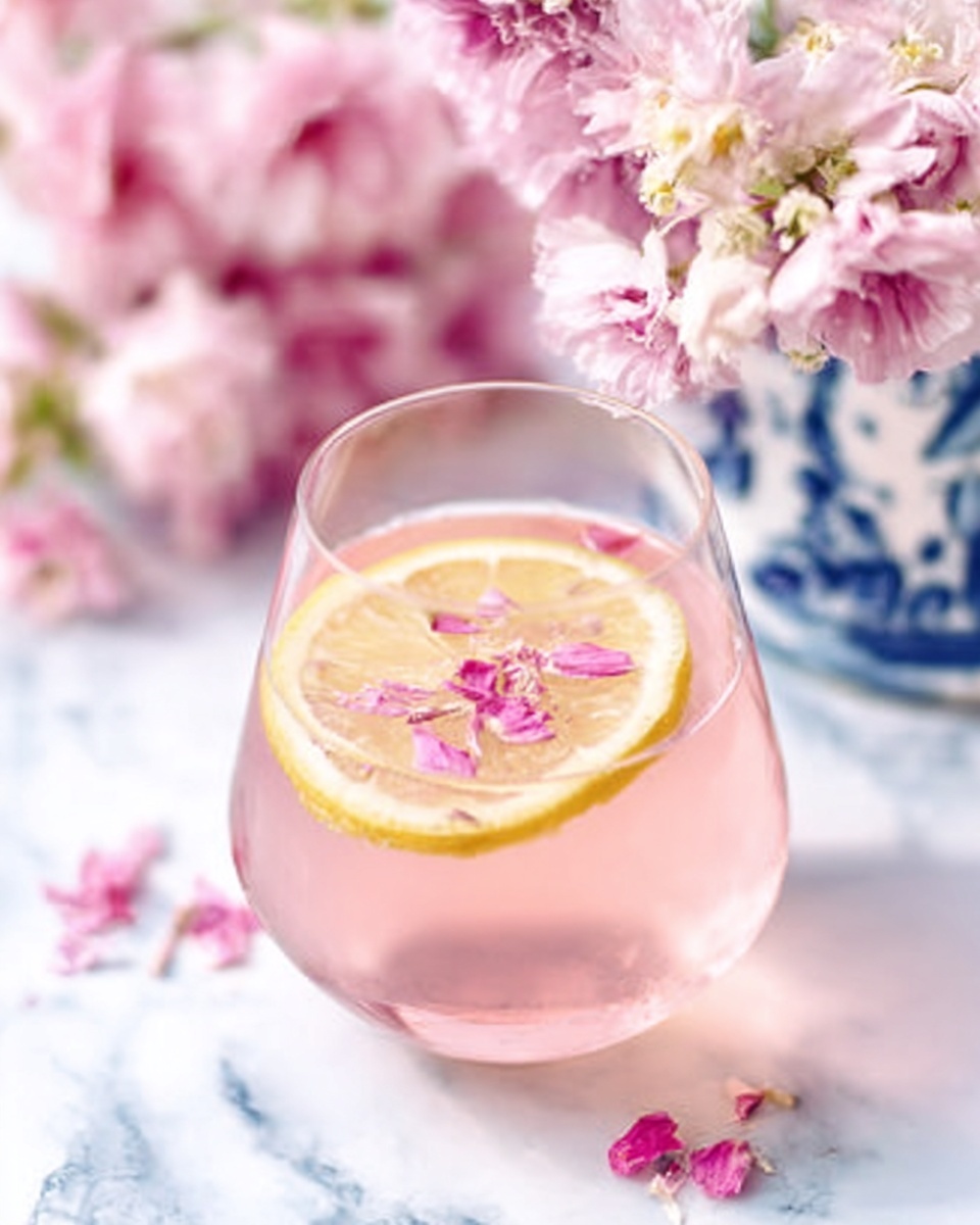 The image shows a clear glass with a pink drink, placed on a white marbled surface. Inside the glass, there is a thin lemon slice floating near the top, with small pink flower petals scattered on the surface of the drink. The glass has a smooth, curved shape and the drink looks light and refreshing. In the background, soft pink and white flowers are visible, adding a delicate and fresh feeling to the scene. The overall colors are soft and pastel, with light pinks, whites, and a hint of yellow from the lemon. Photo taken with an iphone --ar 4:5 --v 7