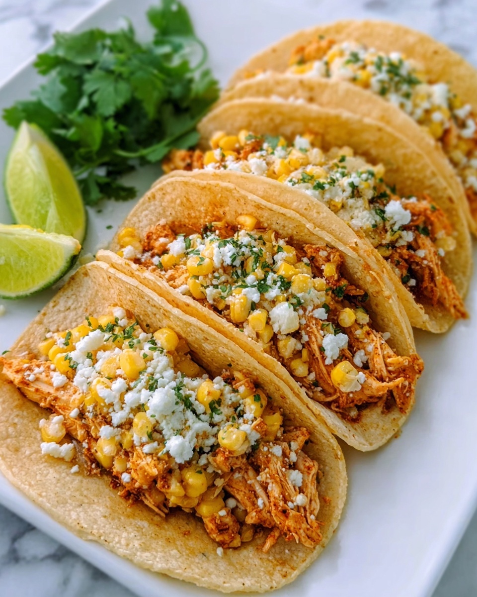 The image shows a row of four soft corn tortillas filled with seasoned cooked chicken and topped with a mix of yellow corn, white cheese crumbles, and sprinkled green herbs. Each taco has a slightly browned, warm texture on the chicken and a fresh, crumbly look from the cheese. On the left side of the white plate, a wedge of lime with bright green skin and juicy inside is placed next to a small bunch of fresh cilantro with green leaves. The background is a smooth white marbled surface. Photo taken with an iphone --ar 4:5 --v 7