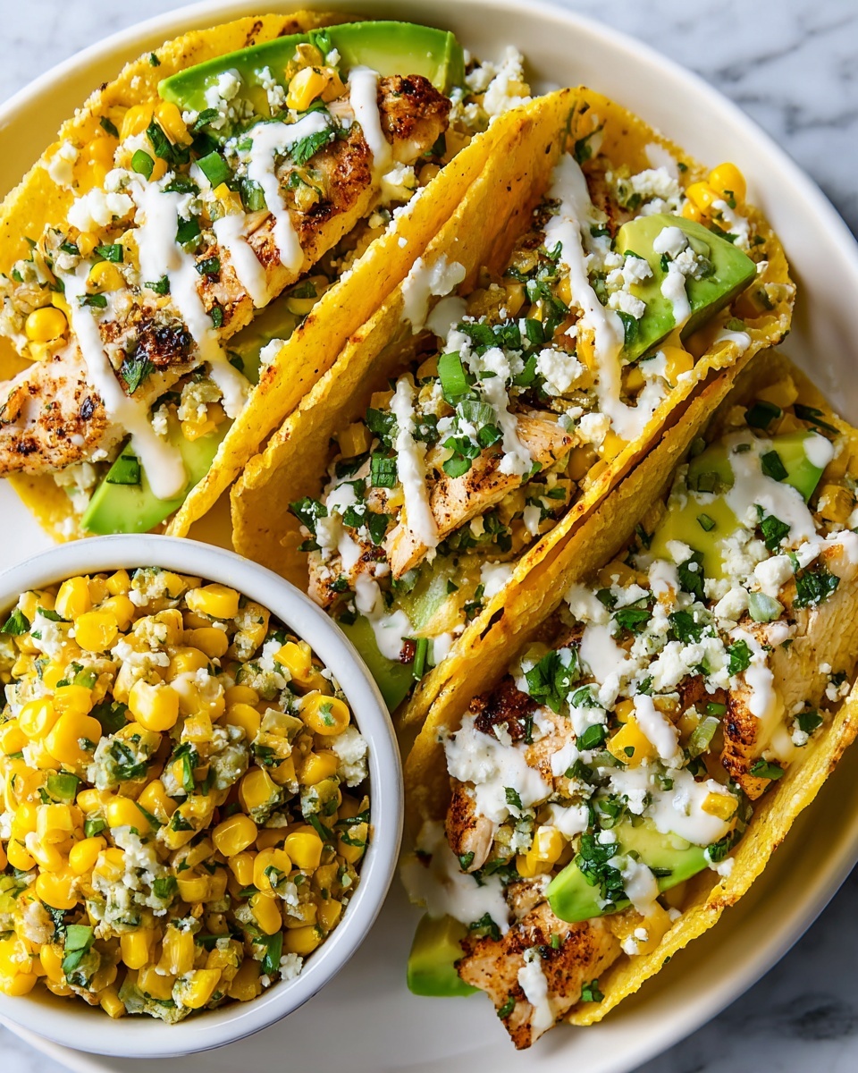The image shows three yellow corn tortillas filled with grilled pieces of chicken, bright green slices of avocado, and a mixture of yellow corn and chopped green herbs. White sauce is drizzled on top of each tortilla, with small white crumbles of cheese scattered over the fillings. The tacos are placed close together on a white plate, next to a white bowl filled with the same yellow corn and herb mix visible inside the tacos. The background is a white marbled surface. photo taken with an iphone --ar 4:5 --v 7