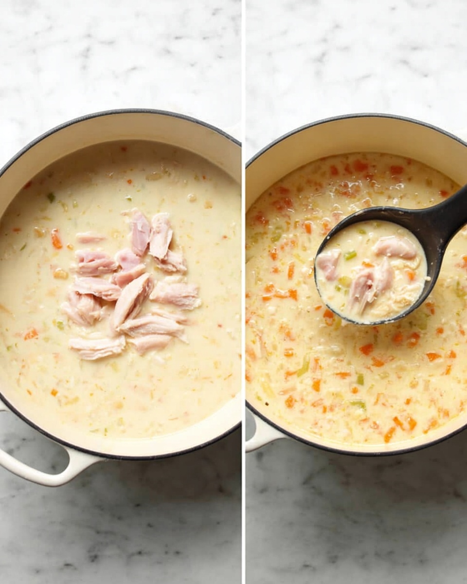 Two side-by-side images show a white enamel pot on a white marbled surface. The left image contains a creamy soup with visible small bits of orange and green vegetables along with raw pieces of pale pink chicken placed in the center of the soup, floating on top. The right image shows the same pot now with the chicken fully mixed into the creamy soup, which has a light yellow color with small orange and green vegetable pieces spread evenly throughout. A black ladle is lifting a portion of the thick soup from the pot in the right image. photo taken with an iphone --ar 4:5 --v 7