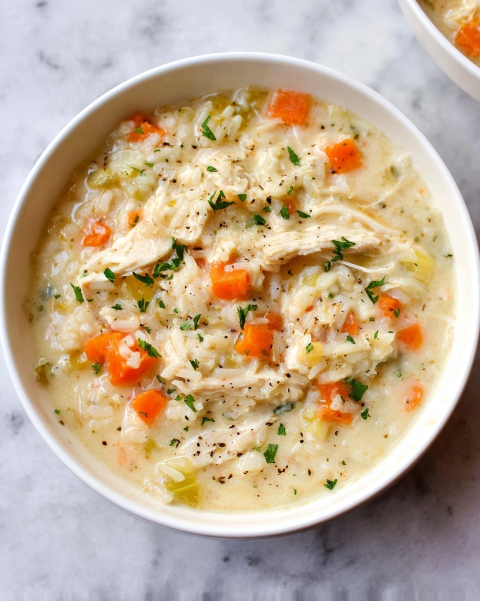 The image shows a white bowl filled with creamy chicken and rice soup. The soup has several layers: at the bottom, creamy white broth mixed with soft cooked rice in off-white color, scattered with small bright orange carrot cubes and pale green celery bits. On top, there are chunks of white shredded chicken, mixed with the rice and vegetables, sprinkled lightly with chopped green herbs and black pepper. The bowl sits on a white marbled surface. The photo taken with an iphone --ar 4:5 --v 7