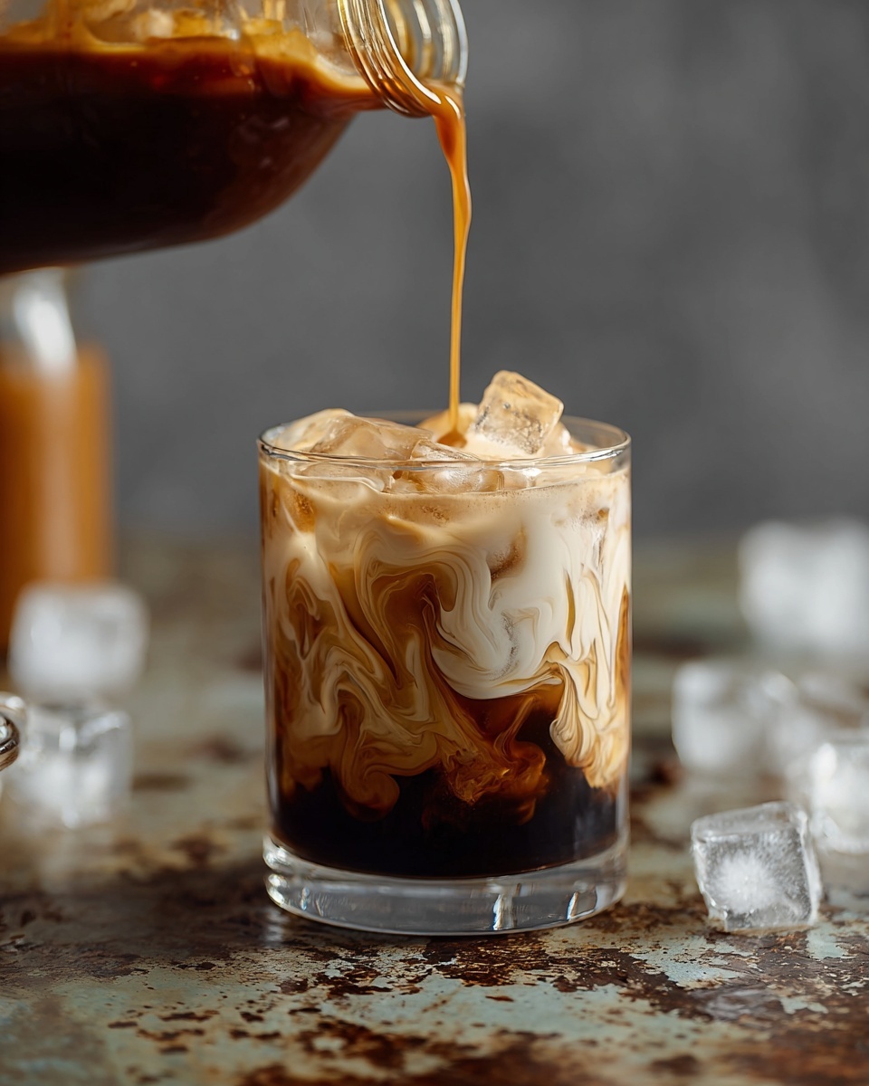 A clear glass filled with a dark brown coffee base at the bottom, topped with a swirling layer of creamy white milk merging into the coffee. Over this, large ice cubes rest, with a lighter layer of foam on top, as amber coffee is poured from a glass jar into the glass, creating a mix of flowing, marbled patterns throughout. The scene is set on a weathered surface with scattered ice cubes around, and the background is blurred. Photo taken with an iphone --ar 4:5 --v 7