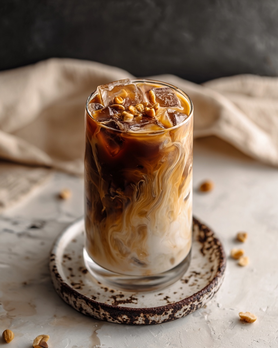A tall clear glass filled with iced coffee shows three layers: dark brown coffee at the bottom, creamy off-white milk swirling in the middle, and ice cubes floating on top. Light brown crushed nuts are scattered over the ice, giving a crunchy texture. The glass sits on a white plate with dark brown speckles, placed on a white marbled surface. A beige cloth and some scattered nuts are blurred in the background. photo taken with an iphone --ar 4:5 --v 7