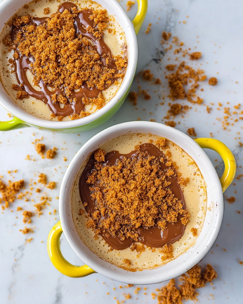 Two small round white bowls with yellow and green handles each hold a dessert made of a light brown smooth layer topped with a drizzle of darker brown sauce and sprinkled with crumbly orange-brown bits. The bowls are placed on a white marbled surface scattered with crumbs. The texture of the dessert looks soft and creamy, with the crunchy crumbs adding contrast. photo taken with an iphone --ar 4:5 --v 7