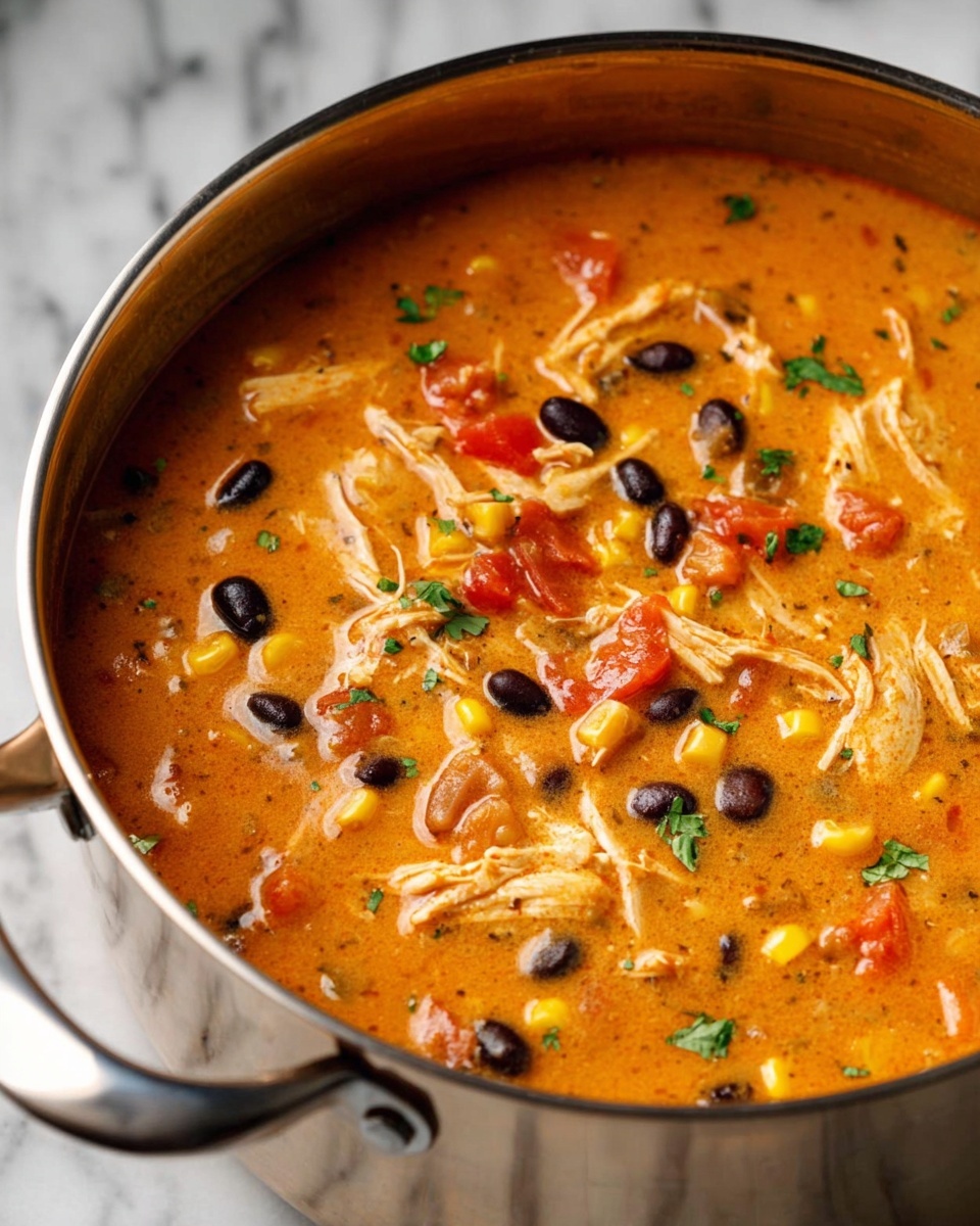 A close-up view of a large silver pot filled with a thick orange soup. The soup has visible pieces of shredded chicken, black beans, yellow corn, and red tomato chunks mixed evenly throughout. Small bits of green herbs are sprinkled on top, adding color contrast. The pot sits on a surface with a white marbled texture. The soup looks warm and hearty with a slightly creamy, textured broth. Photo taken with an iphone --ar 4:5 --v 7