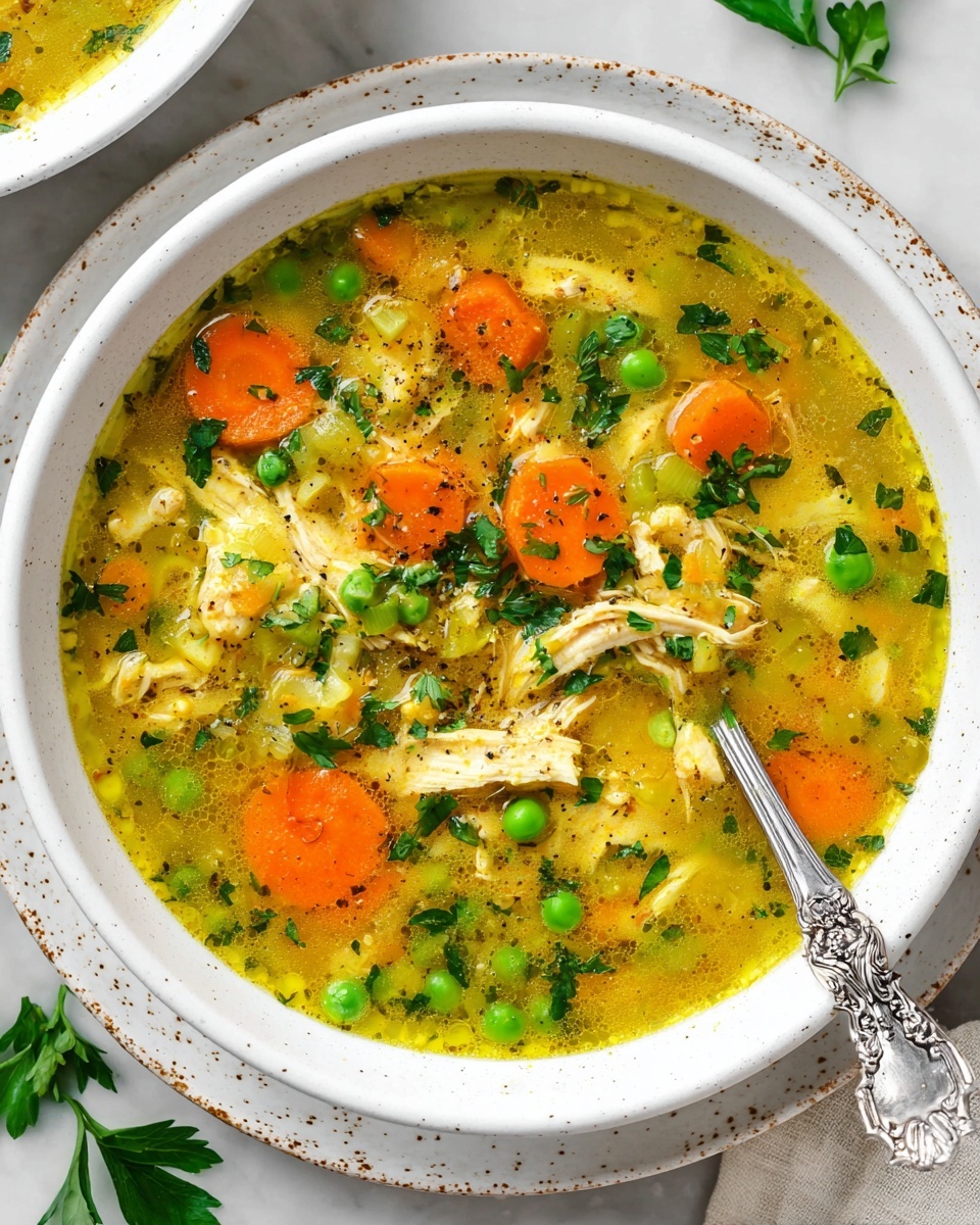 A white bowl filled with a yellow broth soup that has visible pieces of shredded light beige chicken, bright orange carrot slices, and green peas scattered throughout. The soup shows small bits of celery and herbs adding flecks of green all over, with a sprinkle of black pepper on top. A silver spoon with ornate designs rests inside the bowl at the bottom center. The bowl is set on a white plate with brown speckles, all placed on a white marbled surface with some green parsley leaves nearby. Photo taken with an iphone --ar 4:5 --v 7