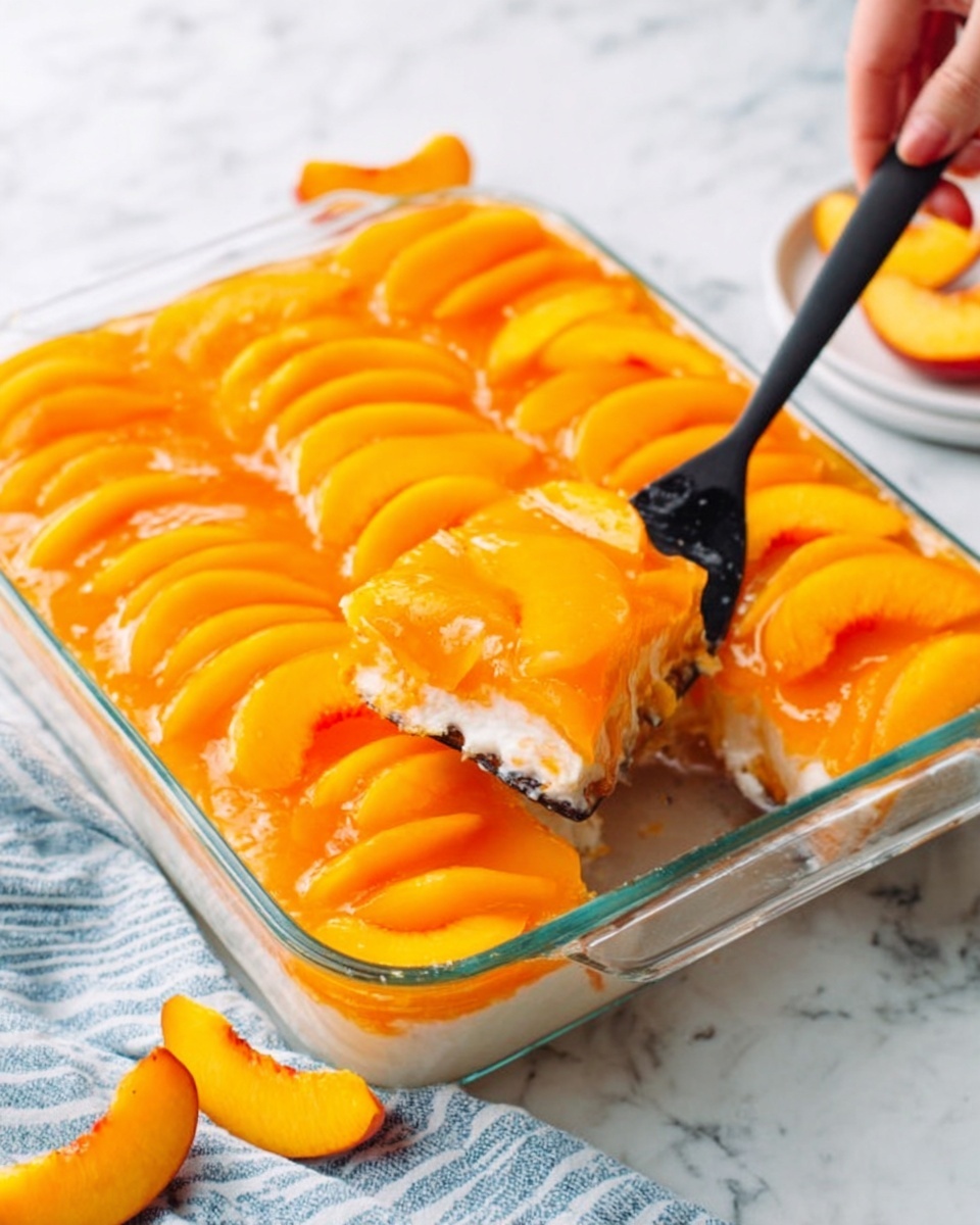 The image shows a clear rectangular glass baking dish filled with a dessert made of many bright orange peach slices arranged neatly in layers on top. The peach slices are shiny and smooth, forming a thick, colorful top layer that covers a creamy white layer below. A piece of the dessert has been lifted out with a black spatula, revealing the creamy layers underneath mixed with dark spots that look like chocolate or nuts. A woman's hand is holding the spatula. The dish is placed on a white marbled surface with a light blue and white striped cloth nearby, and some extra peach slices are also visible on the side. photo taken with an iphone --ar 4:5 --v 7